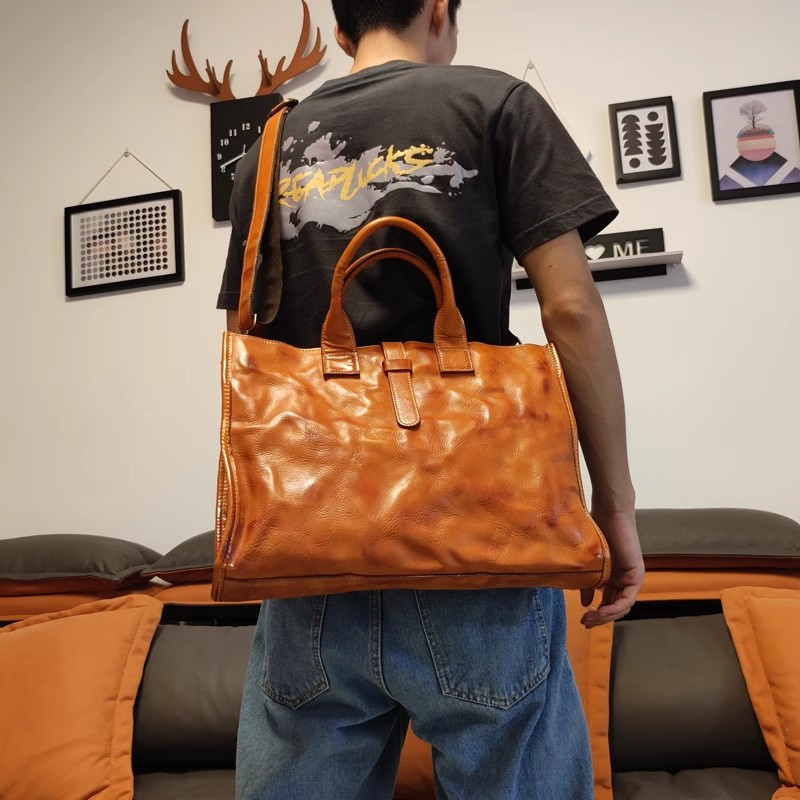 Leather Work Bag Laptop - Valigetta da uomo semplice vintage in